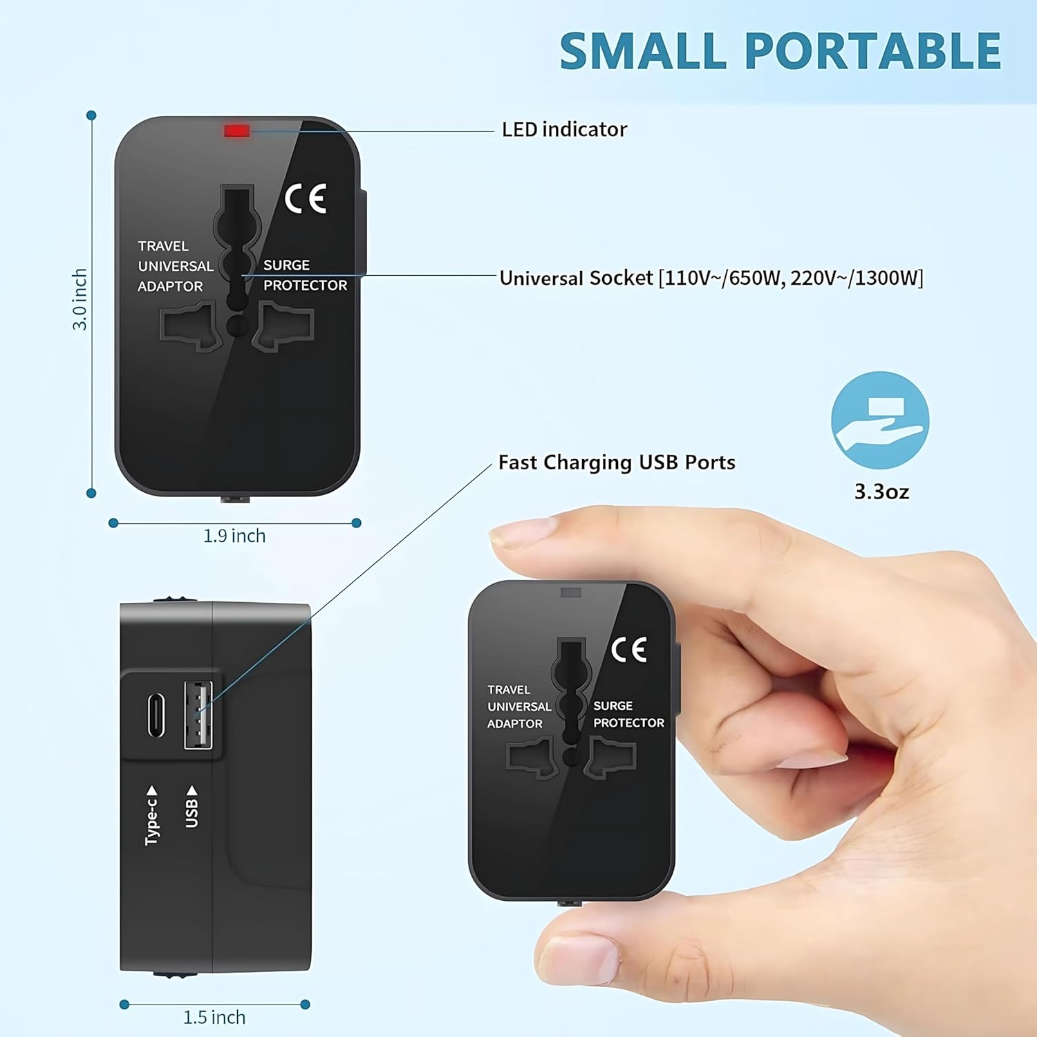 1745955035 Sakit Universal Travel Adapter International All in One Worldwide Travel Adapter and Wall Charger with USB and Type C Port with Multi Type Power Outlet USB 2.1A Travel Charger Black