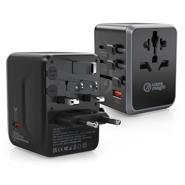 Case-Magic Universal Plug Travel Adapter 35W GaN Type C, International Wall Charger for USA/AUS/UK/EU/ 200+ Countries Worldwide/ 15W USB C, 18W USB A QC3.0 Ports for Laptop, Smartphone, Tablet, Camera