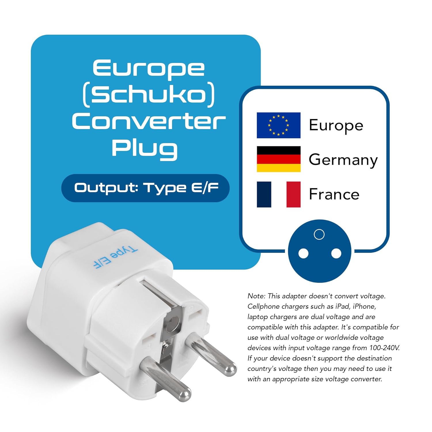 Ceptics European Travel Plug Adapter Light Weight Schuko Type EF Ultra Compact India to Most of Europe CE Certified RoHS Compliant EU 2SET