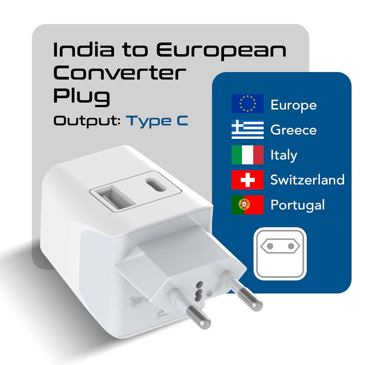 Ceptics Travel Adapter India to Europe 3 in 1 Plug Adapter for Germany France With 1 USB 1 USB C Type C for Laptops Phones CE RoHS White 1pc