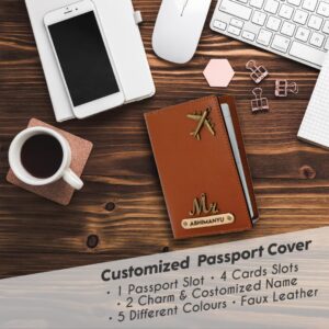 Customised Leather Passport Cover with Personalised Name Charm for Men Women (Tan) - Customised Passport Holder for Gift