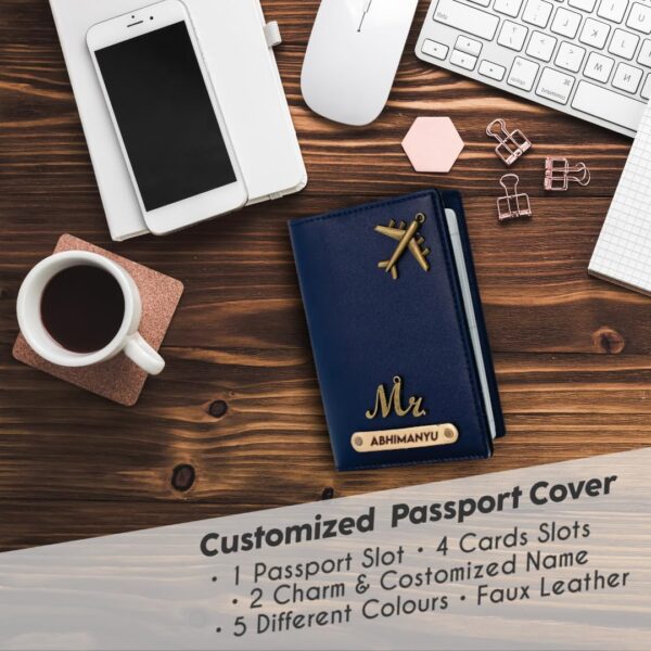 Customised Passport Cover Holder Personalised Name Charm Leather Passport Cover Holder for Men Women Blue Customised Passport Holder for Gift