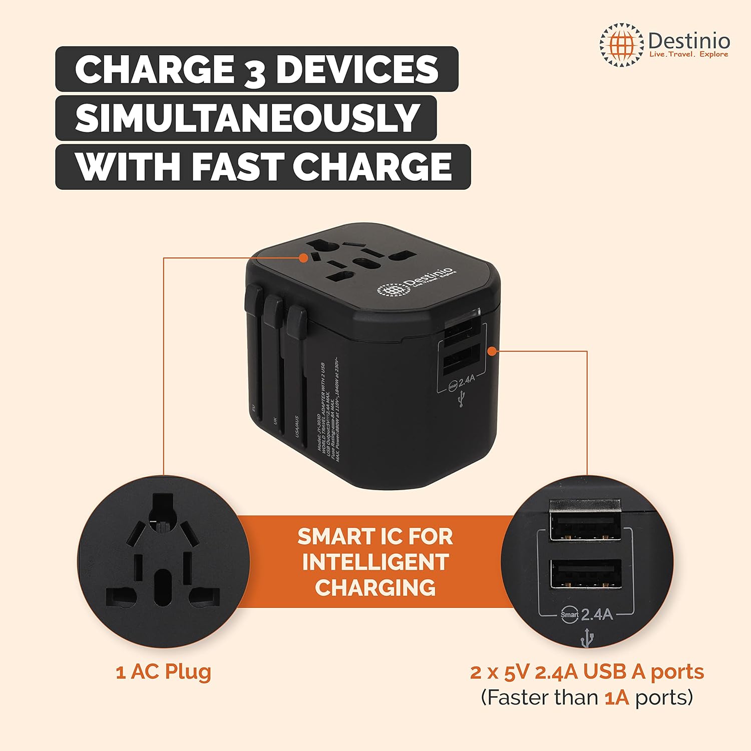 Destinio Universal Travel Adapter with Dual USB Ports All in One Worldwide Universal Charger Plug for US UK Europe Canada Singapore and Others Black 1 Unit