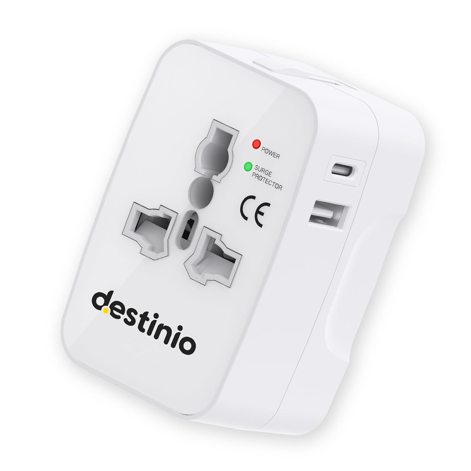 Destinio Universal Travel Adapter with Type C - 12W Type C+ 12W USB A (5V/2.4A) - 3 in 1 International Worldwide All in One Charger Plug and Socket for USA, Canada, UK, Europe (10 Yr Warranty)