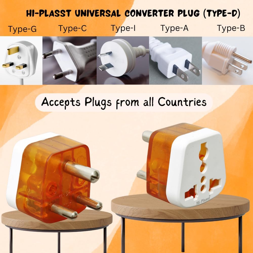 Hi Plasst USA to India Travel Adapter 6A to 10A 3 Pin Plug Converter Type D – Pack of 4 Universal Socket for UK Canada Europe to Indian Plug Compatible with Mobile Laptop Chargers