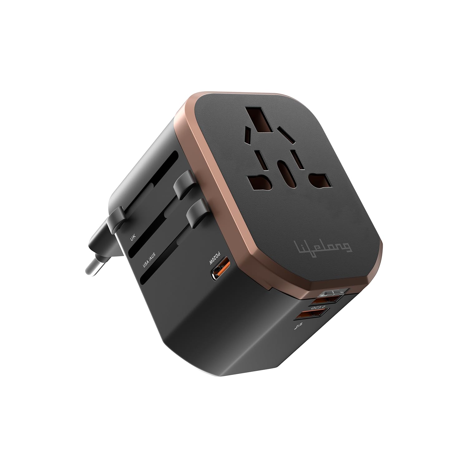 Lifelong Universal Travel Adapter 4-in-1 Fast Charger with 20W USB-C & 2 USB-A Ports | Adjustable Pins for 150+ Countries (US/UK/EU/AU/Asia) | Dual Fuse Protection | Compact Worldwide Power Adapter