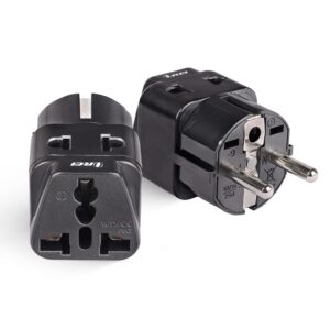 OREI India to Europe (Schuko) Plug - Type E/F Europe Plug Adapter - 2 in 1 Universal Adapter for Europe, Perfect for Laptop, Camera, Charger - CE, RoHS - 2 Pack - Black - 5 Years Warranty