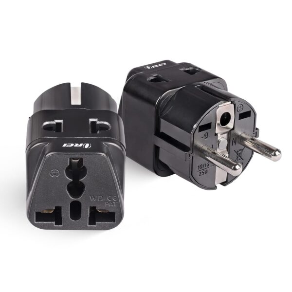 OREI India to Europe (Schuko) Plug - Type E/F Europe Plug Adapter - 2 in 1 Universal Adapter for Europe, Perfect for Laptop, Camera, Charger - CE, RoHS - 2 Pack - Black - 5 Years Warranty