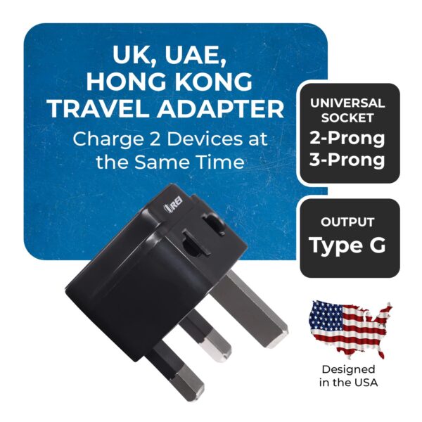 OREI India to UAE Hong Kong Dubai UK Adapter Type G Plug Adapter 2 in 1 Perfect for Laptop Camera Chargers Travel Adapter UK CE RoHS Black 2 Pack 5 Years Warranty