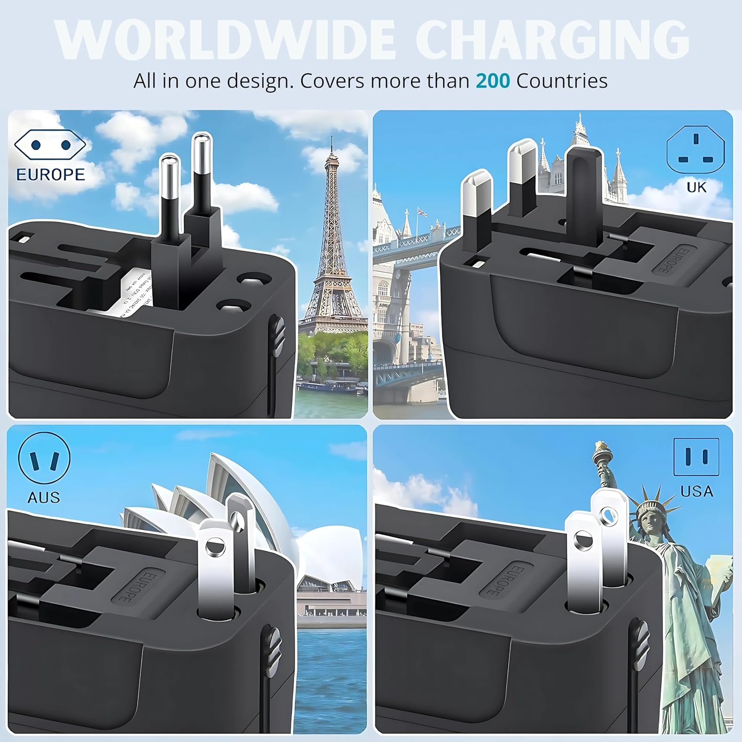 Sakit Universal Travel Adapter International All in One Worldwide Travel Adapter and Wall Charger with USB and Type C Port with Multi Type Power Outlet USB 2.1A Travel Charger Black