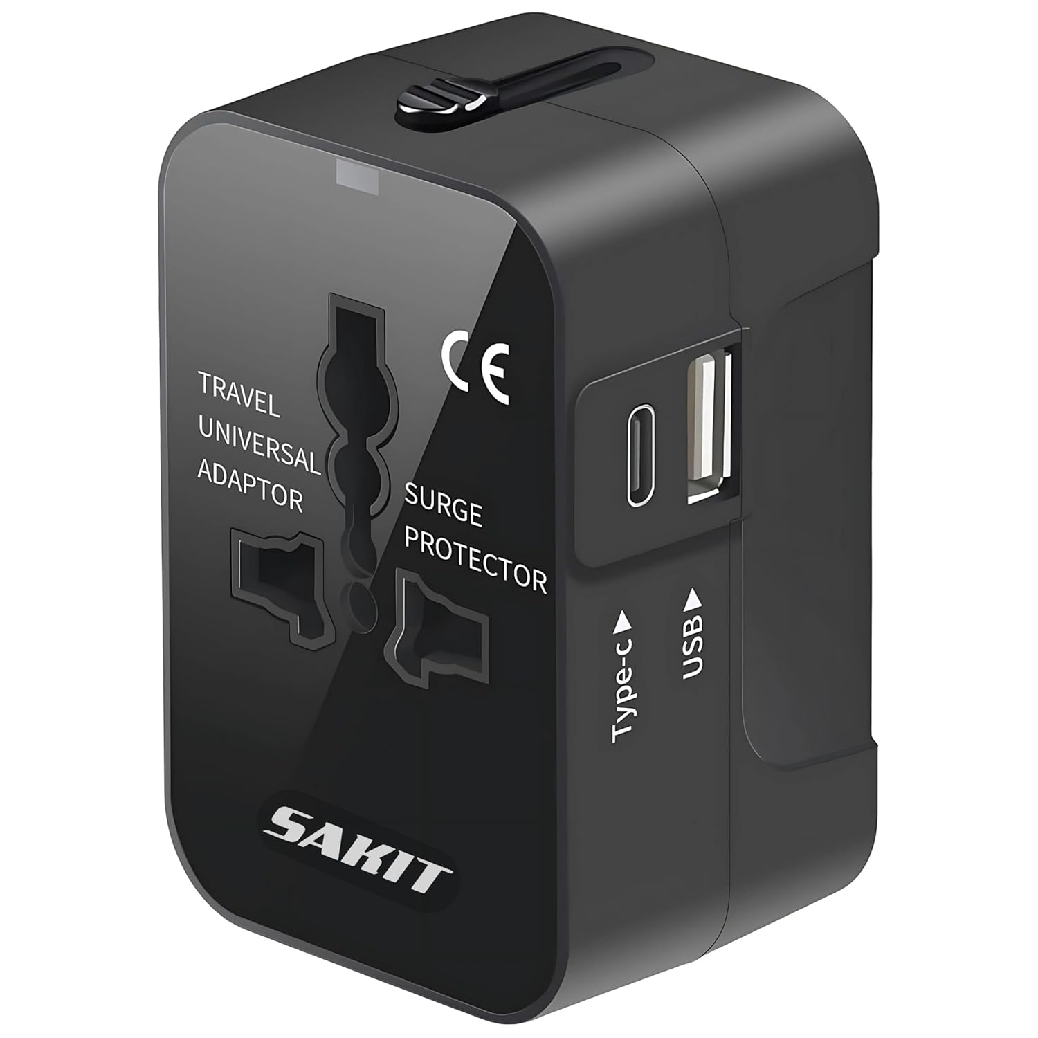 Sakit Universal Travel Adapter, International All in One Worldwide Travel Adapter and Wall Charger with USB and Type C Port with Multi Type Power Outlet USB 2.1A, Travel Charger (Black)