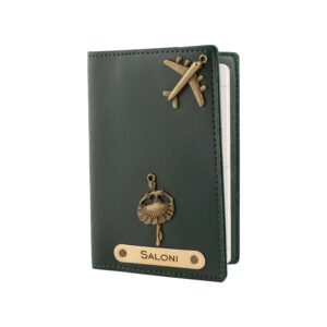The Unique Gift Studio Customised Name & Charm Leather Passport Cover Holder for Men & Women (Green) | Personalised Birthday Gifts for Men