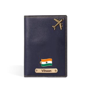 The Unique Gift Studio Personalised Name & Charm Leather Passport Cover Holder for Men & Women Blue - Customised Passport Holder for Gift