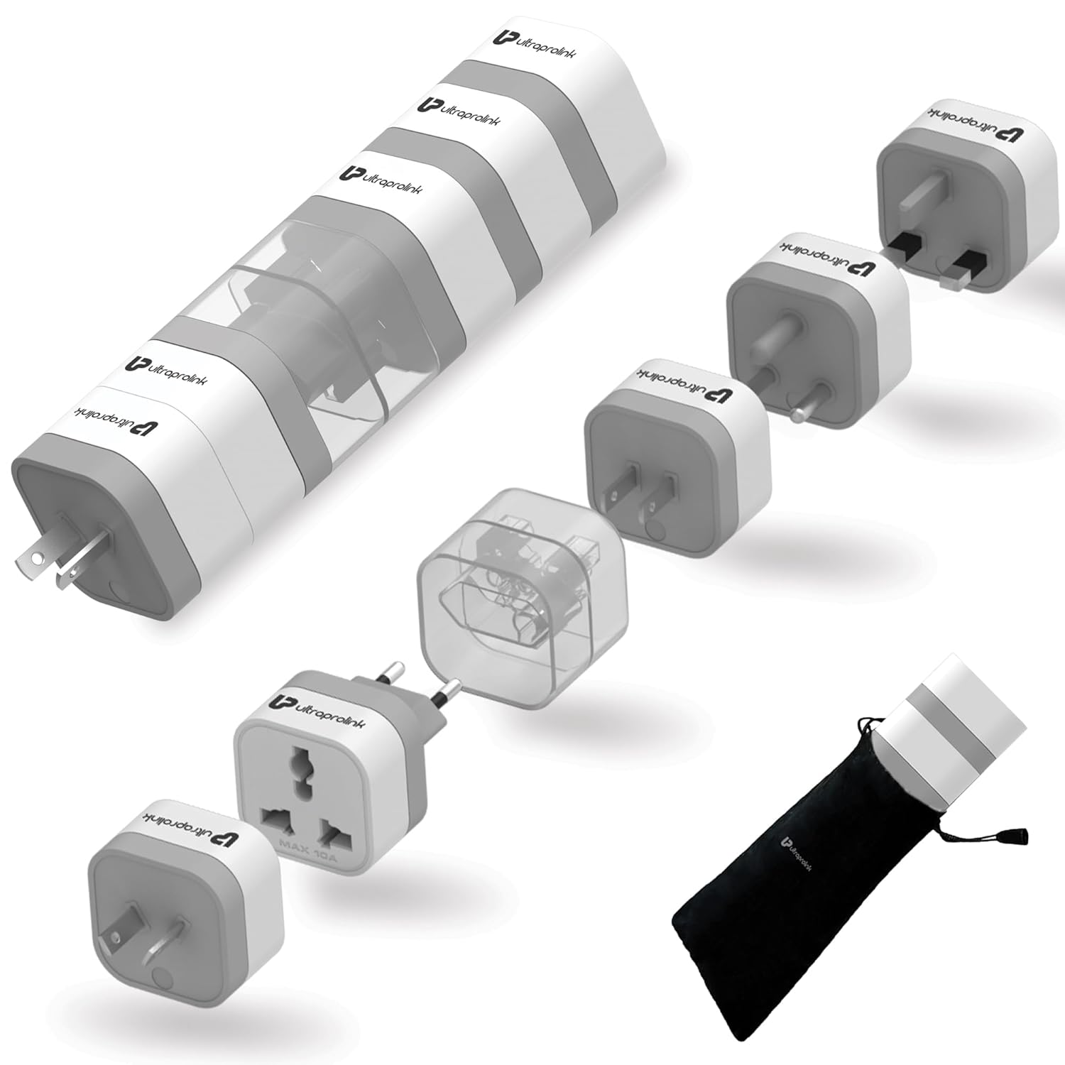 UltraProlink World Travel Adapter Plugs All In One|Pack of 5 Universal World AC converter plugs|USA,Europe,UK, Canada, China |Plugs for Mobiles, Laptops, Tablets, 10A-2500W |White |UM1164 Travel Qubes