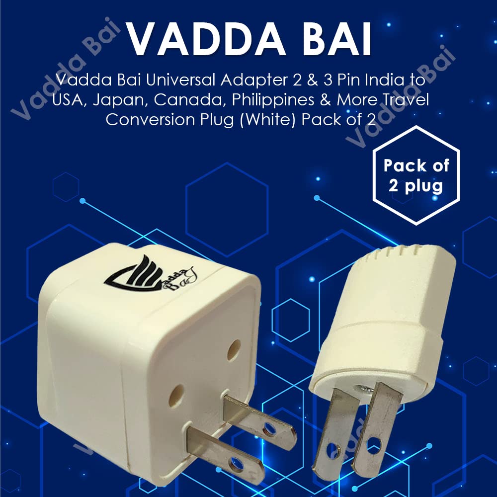 Vadda Bai India to US Universal Travel Adapter Plug – 2 3 Pin India to USA Japan Canada Philippines More Power Sockets Conversion Adaptor – Type AB Pack of 2 White