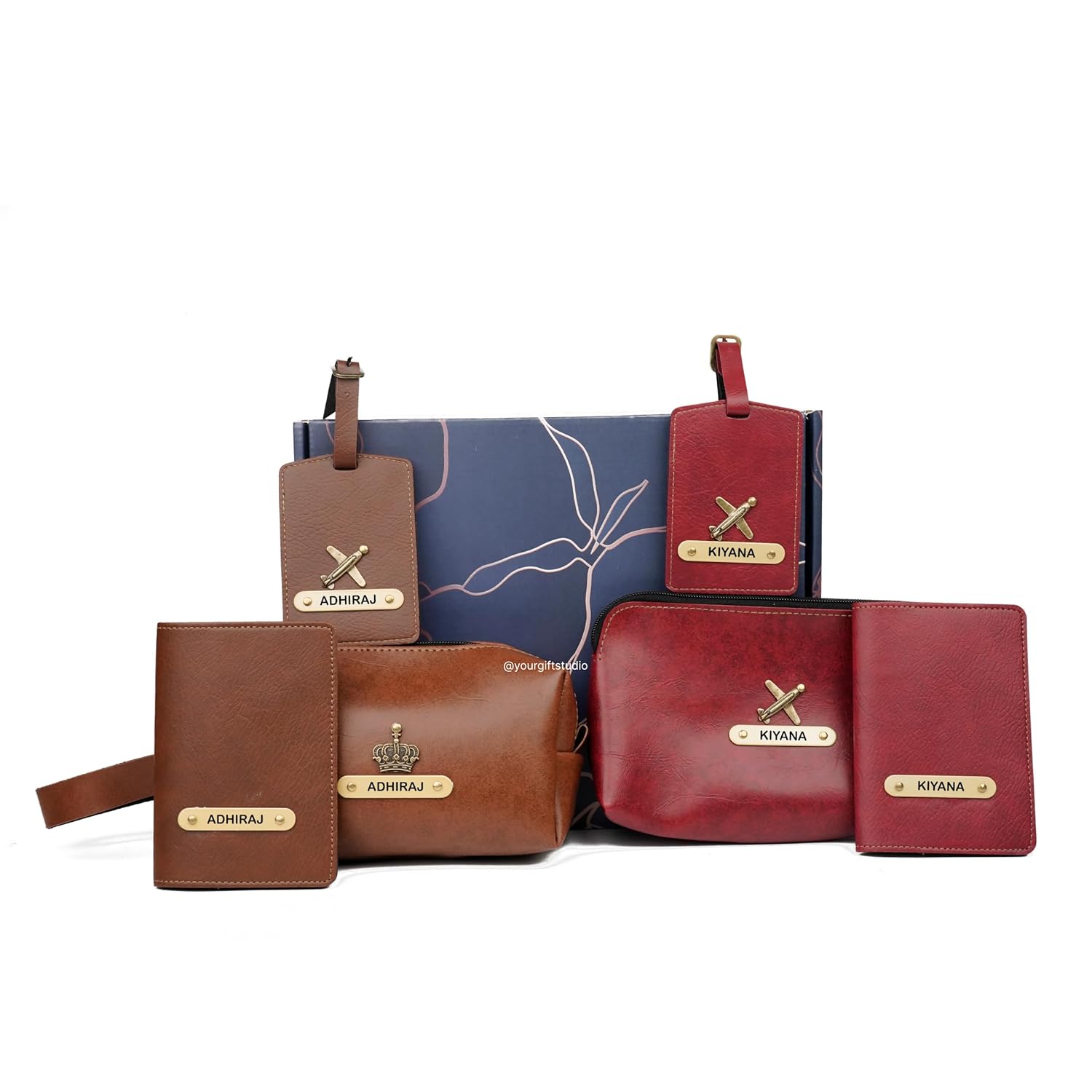 YOUR GIFT STUDIO Customized Leather Couple Gift Set Passport Cover, YOUR GIFT STUDIO Customized Leather Couple Gift Set Passport Cover, Travel Pouch and Luggage Tag | Personalized Anniversary Couple Gift Hamper for Wife, Husband, Boyfriend (Brown)