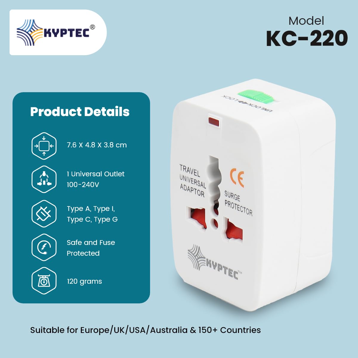 1746041647 KYPTEC Universal Travel Adapter International All in One Worldwide Universal Charger Adapter Compact Lightweight International Travel Adapter Black 220