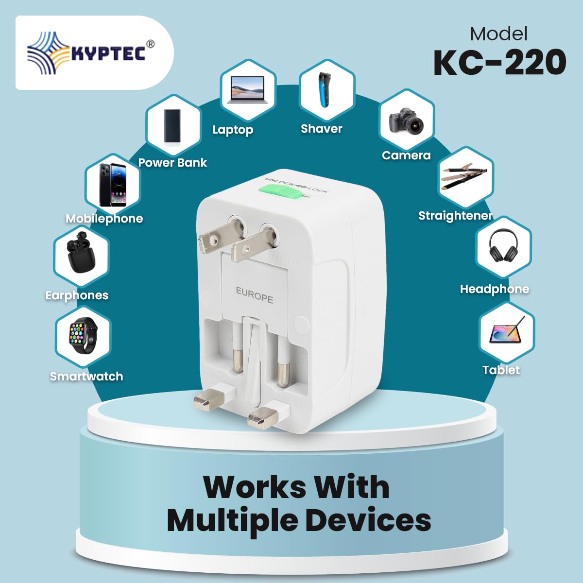 1746041650 KYPTEC Universal Travel Adapter International All in One Worldwide Universal Charger Adapter Compact Lightweight International Travel Adapter Black 220
