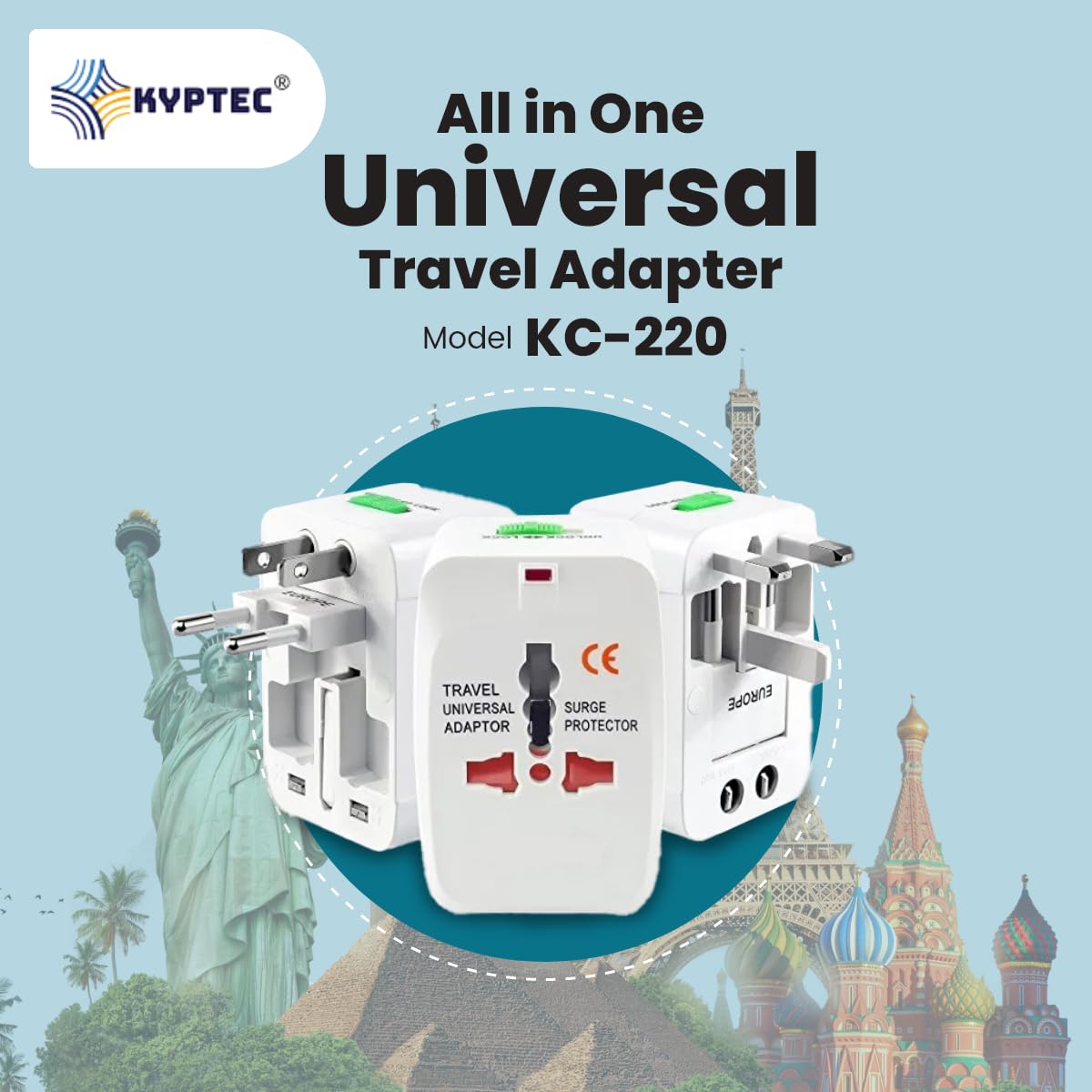 1746041654 KYPTEC Universal Travel Adapter International All in One Worldwide Universal Charger Adapter Compact Lightweight International Travel Adapter Black 220