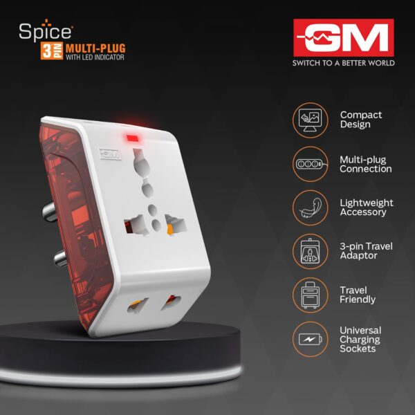 1746214599 GM 3017 Plastic 3 Pin Multi Plug Travel Adaptors White and Red