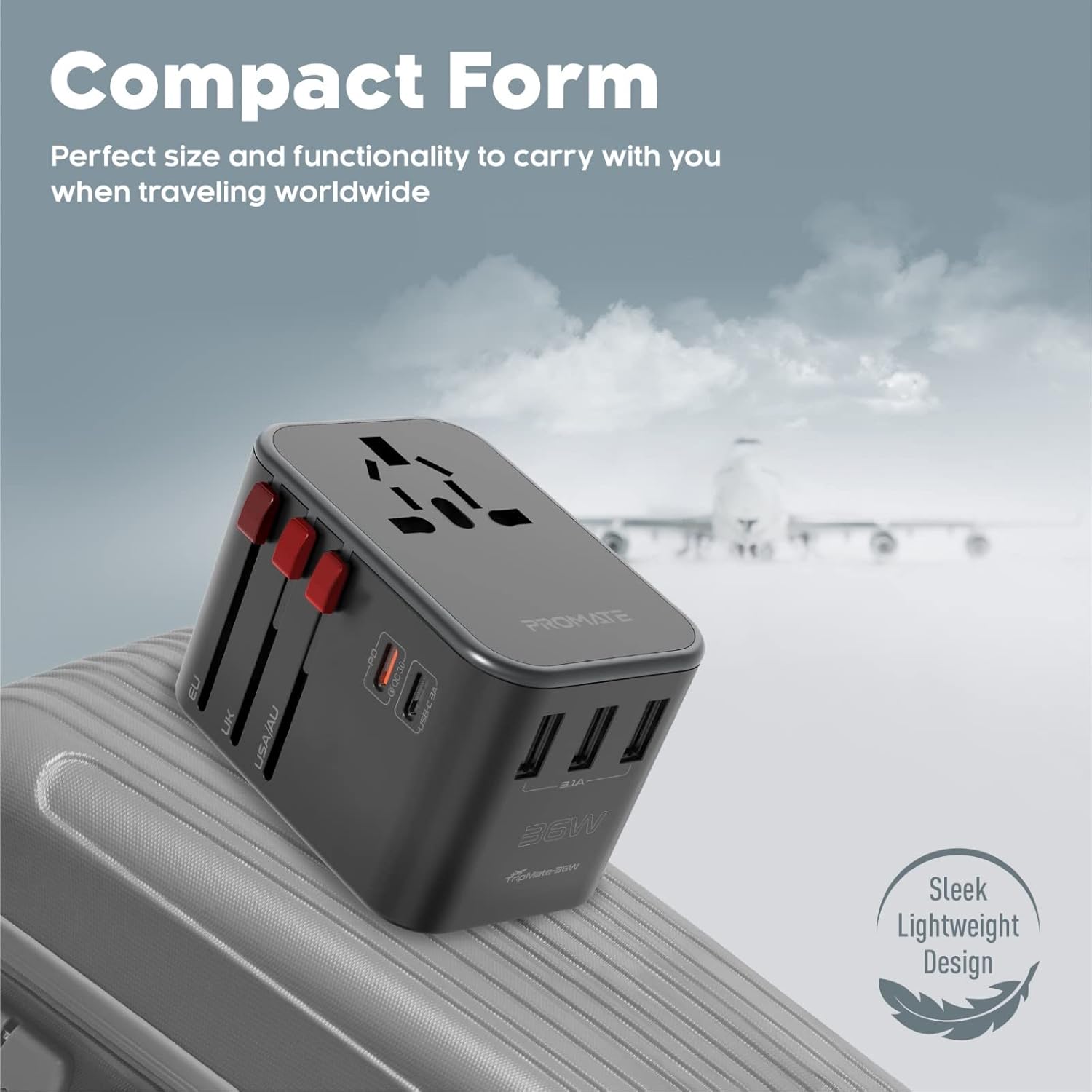 1746301043 Promate Tripmate 36W Universal Travel Adapter with 1840W AC Socket 20W USB C PD 15W C 3 USB A Ports Travel Pouch Auto Resetting Fuse Surge Protection All in One Charger US UK EU AU