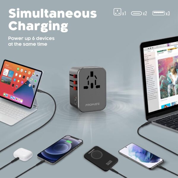 1746301044 Promate Tripmate 36W Universal Travel Adapter with 1840W AC Socket 20W USB C PD 15W C 3 USB A Ports Travel Pouch Auto Resetting Fuse Surge Protection All in One Charger US UK EU AU