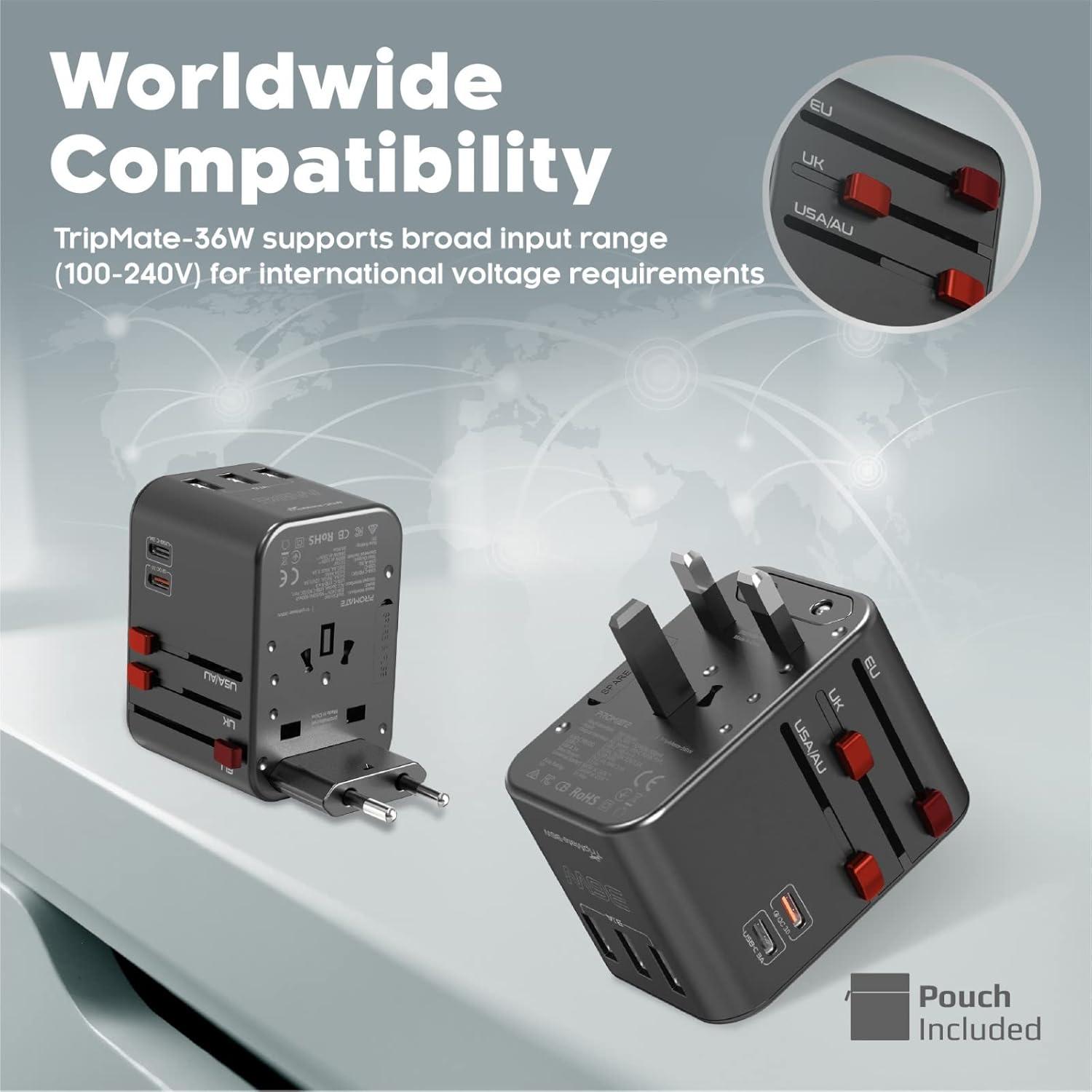 1746301047 Promate Tripmate 36W Universal Travel Adapter with 1840W AC Socket 20W USB C PD 15W C 3 USB A Ports Travel Pouch Auto Resetting Fuse Surge Protection All in One Charger US UK EU AU