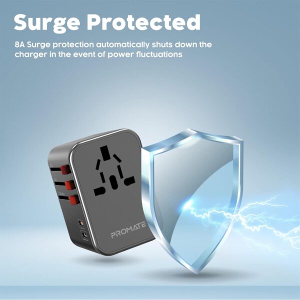 1746301049 Promate Tripmate 36W Universal Travel Adapter with 1840W AC Socket 20W USB C PD 15W C 3 USB A Ports Travel Pouch Auto Resetting Fuse Surge Protection All in One Charger US UK EU AU