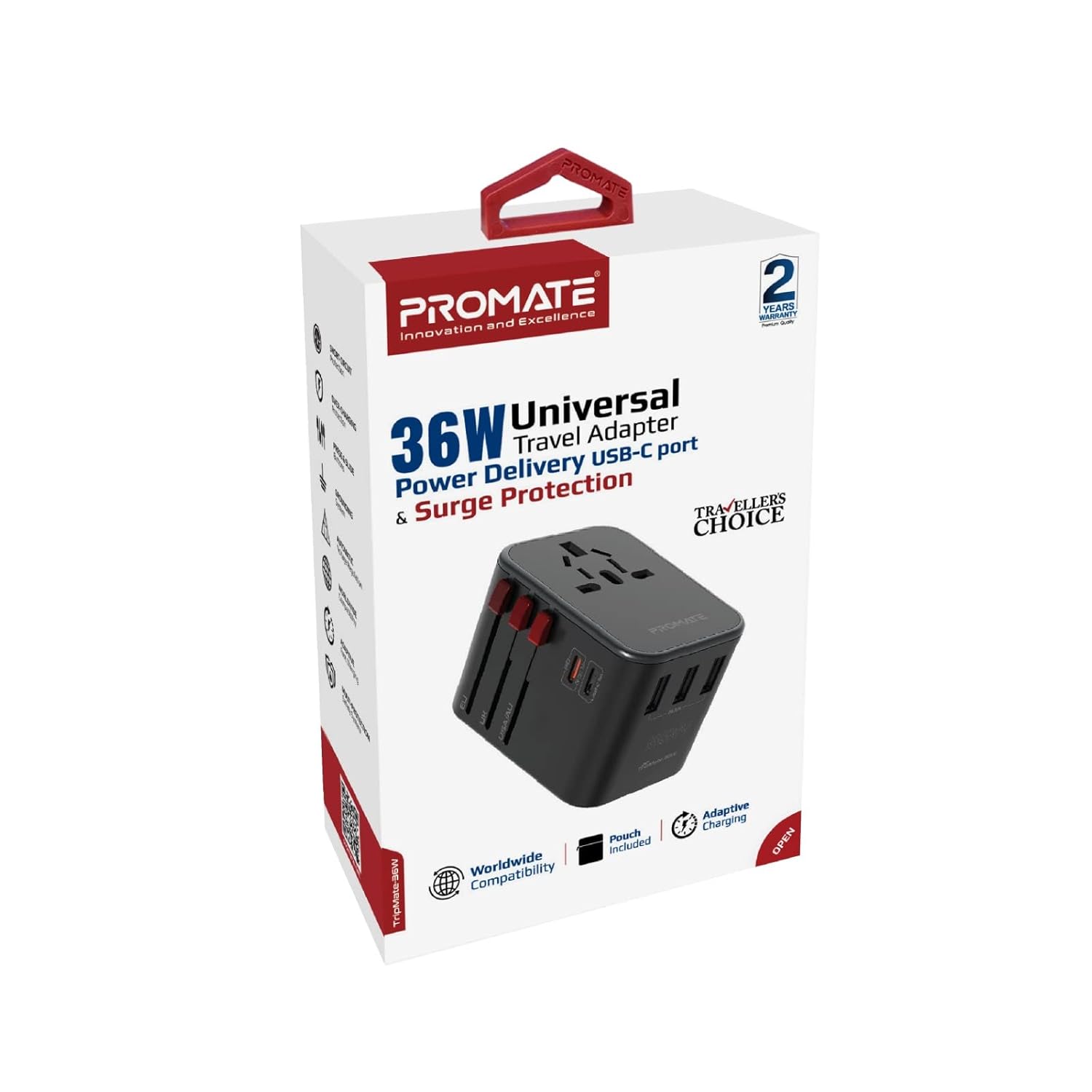 1746301051 Promate Tripmate 36W Universal Travel Adapter with 1840W AC Socket 20W USB C PD 15W C 3 USB A Ports Travel Pouch Auto Resetting Fuse Surge Protection All in One Charger US UK EU AU
