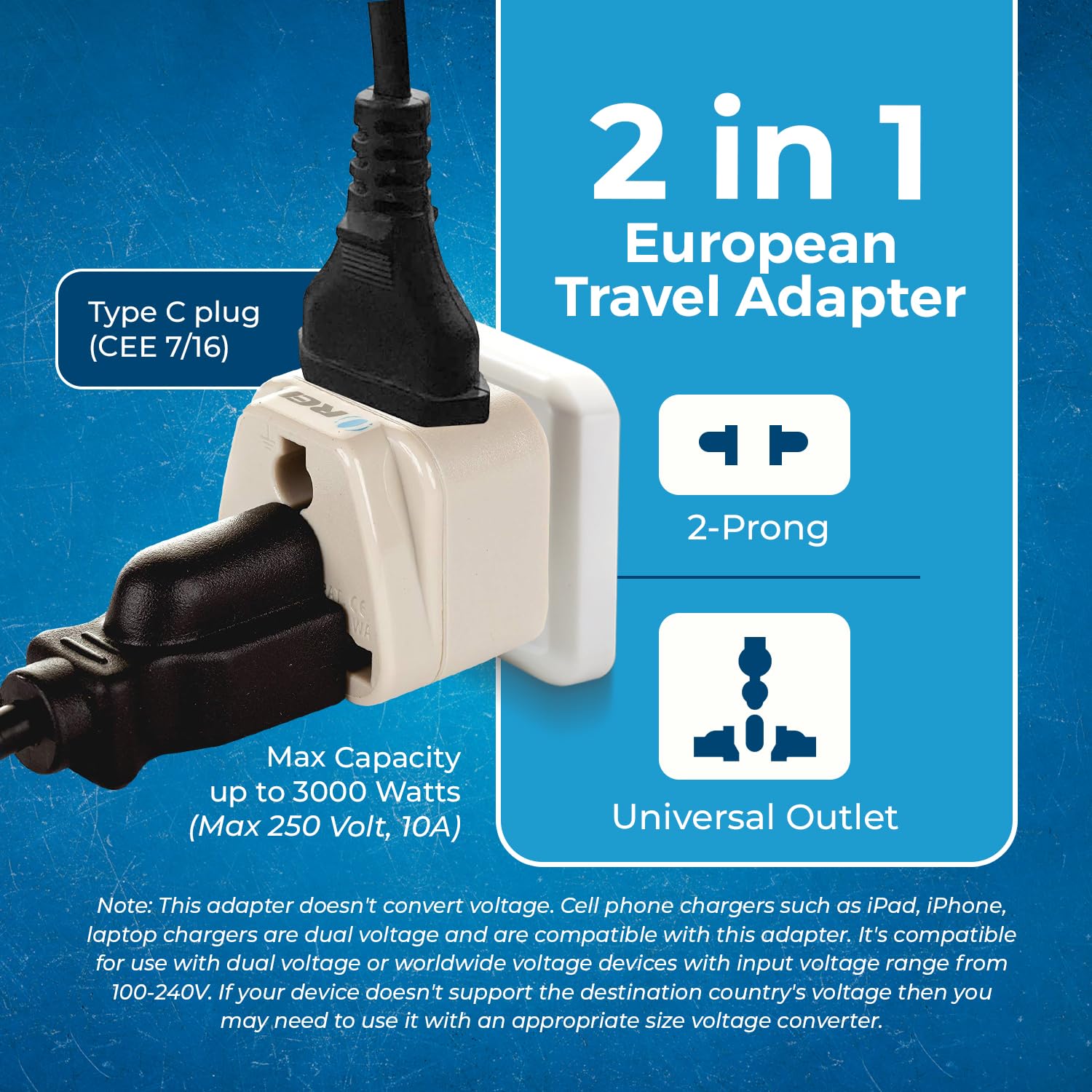 1746474005 OREI India to European Adapter Russia Turkey More Type C Travel Adapter 2 in 1 Perfect for Laptop Camera Charger and More CE RoHS Beige 5 Years Warranty