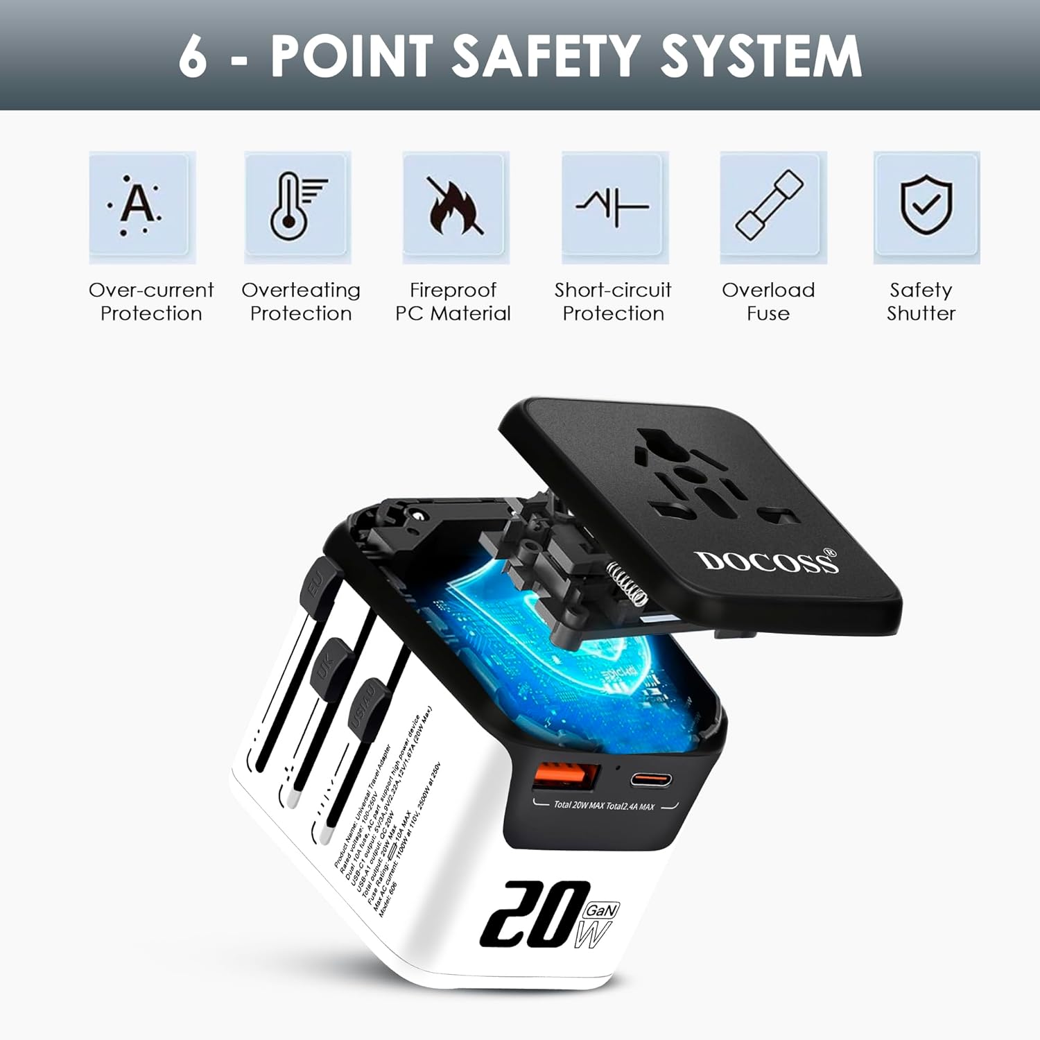 1746560592 Docoss Fast Charging Universal Travel Adapter International All in One Adapter with Type CQC 3.0W3.1A Universal Adapter for UKUS EU Universal Plug Power Adapter Whte Black