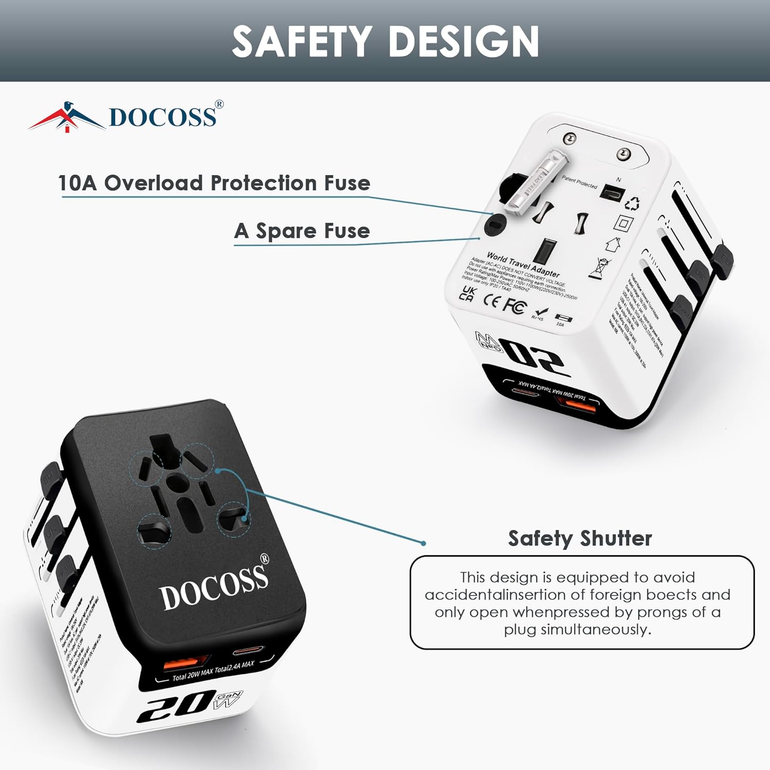1746560593 Docoss Fast Charging Universal Travel Adapter International All in One Adapter with Type CQC 3.0W3.1A Universal Adapter for UKUS EU Universal Plug Power Adapter Whte Black