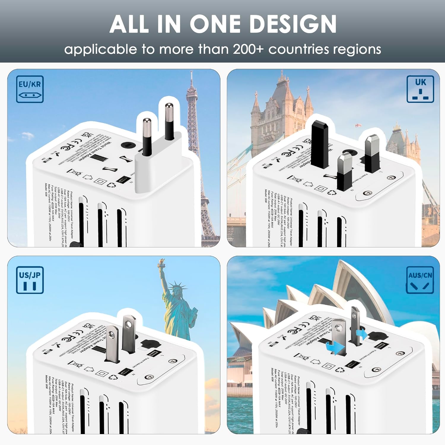 1746560595 Docoss Fast Charging Universal Travel Adapter International All in One Adapter with Type CQC 3.0W3.1A Universal Adapter for UKUS EU Universal Plug Power Adapter Whte Black