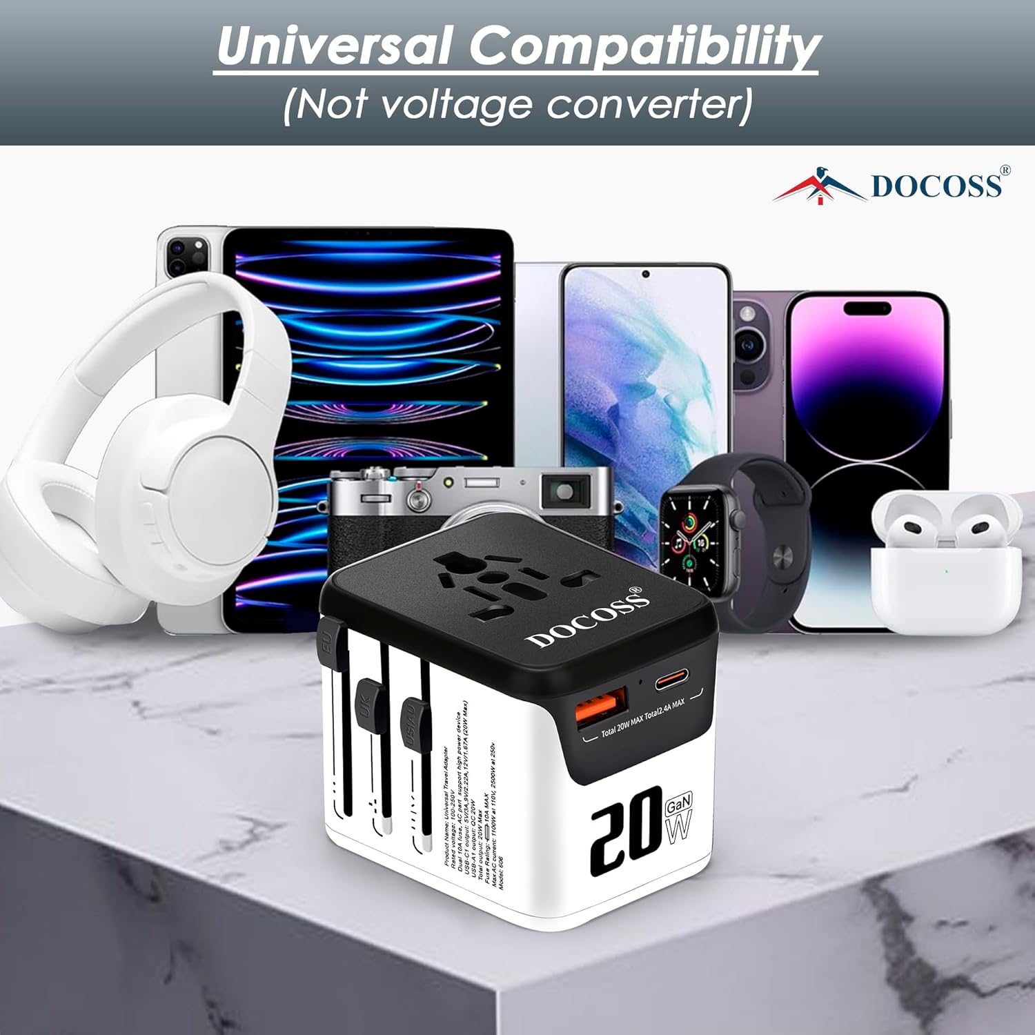 1746560597 Docoss Fast Charging Universal Travel Adapter International All in One Adapter with Type CQC 3.0W3.1A Universal Adapter for UKUS EU Universal Plug Power Adapter Whte Black