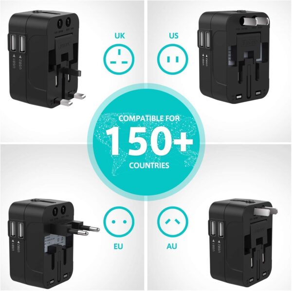 1746647026 2 USB Universal Travel Adapter with Built in Dual USB Charger Ports Plug International Travel Adapter All in One Portable Travel Adapter 2 USB Travel Adapter Black