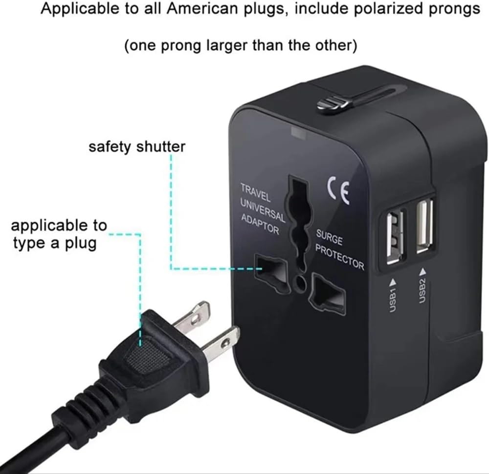 1746647028 2 USB Universal Travel Adapter with Built in Dual USB Charger Ports Plug International Travel Adapter All in One Portable Travel Adapter 2 USB Travel Adapter Black