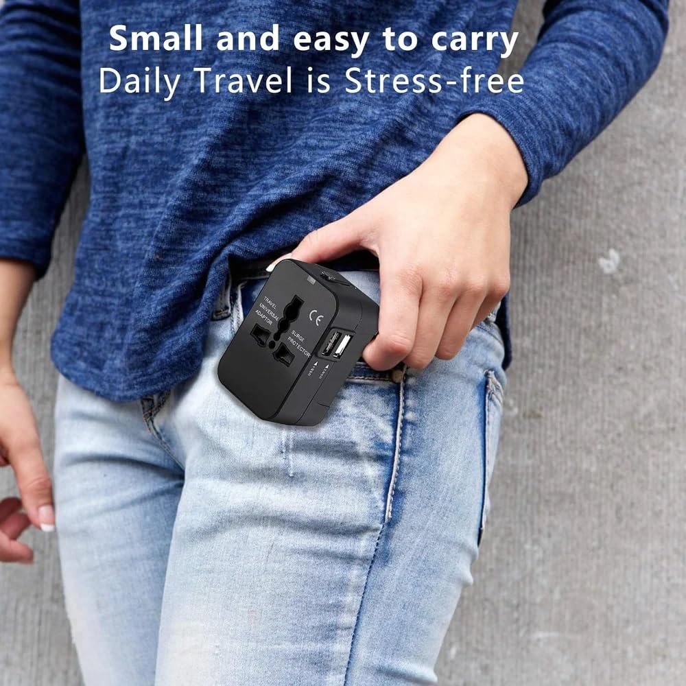 1746647029 2 USB Universal Travel Adapter with Built in Dual USB Charger Ports Plug International Travel Adapter All in One Portable Travel Adapter 2 USB Travel Adapter Black