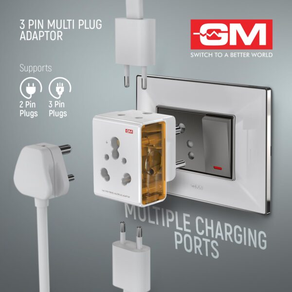 1746906370 GM 3050 16 AMP 3 Pin Multi Plug Travel Adaptor Suitable for Class I and II Electrical Appliances White