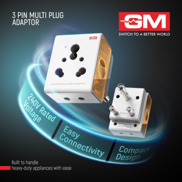 1746906375 GM 3050 16 AMP 3 Pin Multi Plug Travel Adaptor Suitable for Class I and II Electrical Appliances White