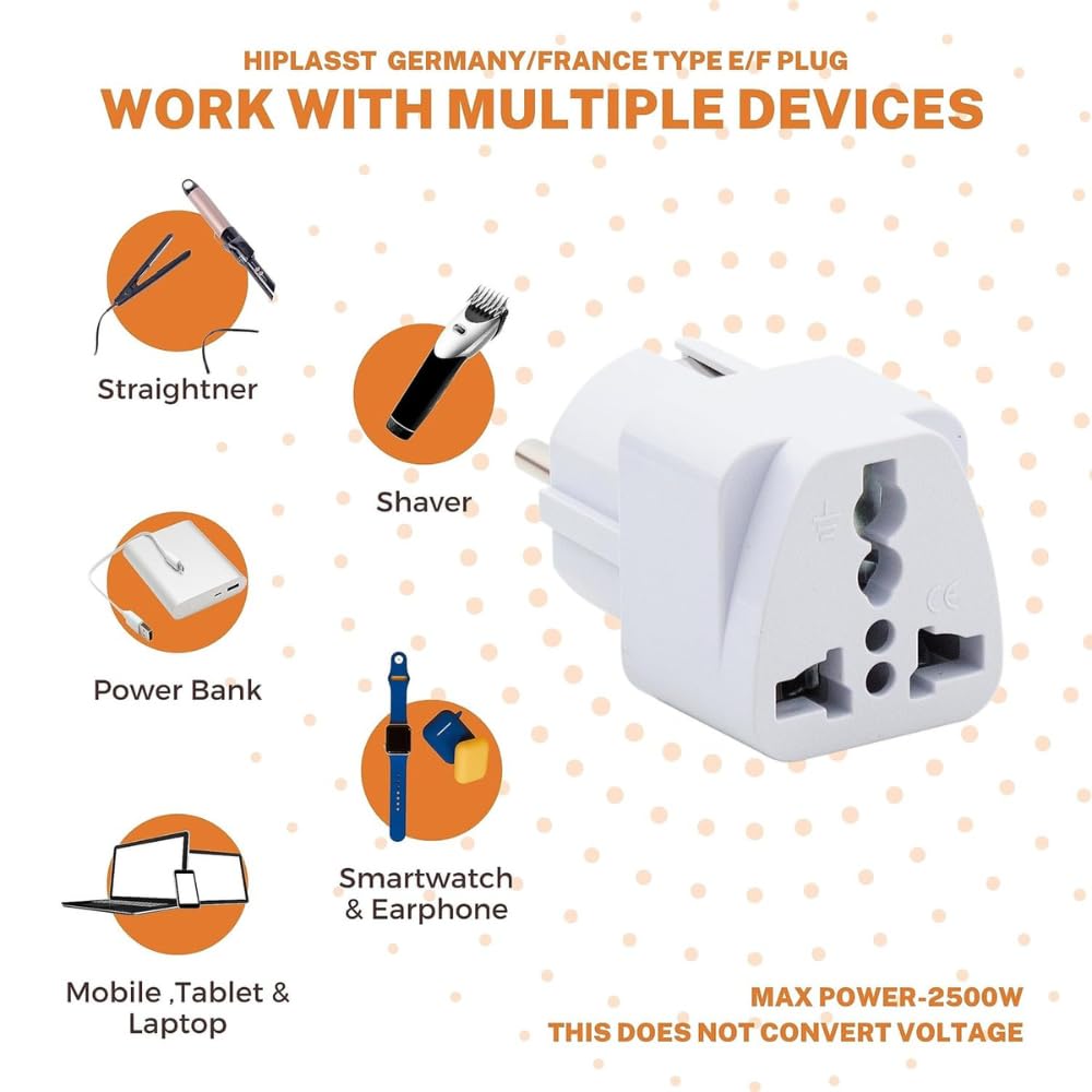 1746992924 Hi Plasst Europe Travel Adapter Type EF Schuko Plug for Germany France Russia Spain Italy Universal EU Adapter for India to Europe Pack of 2