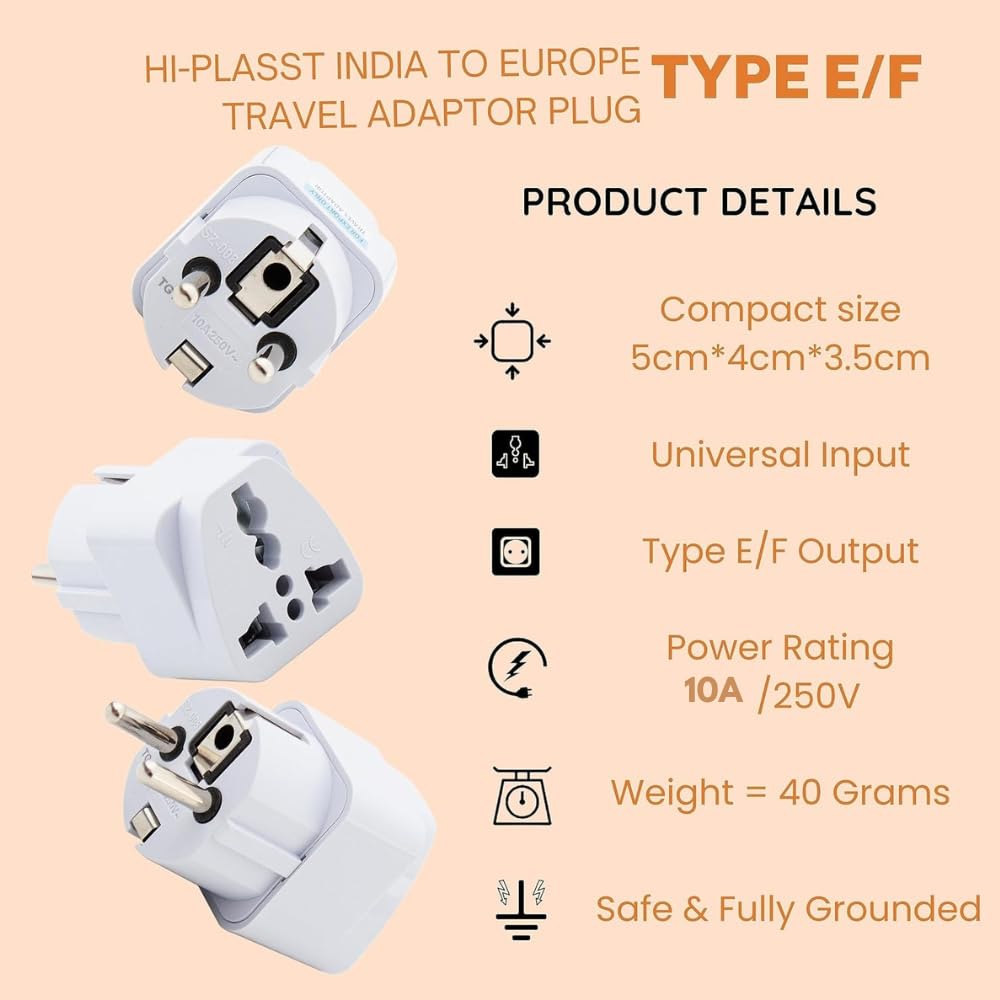 1746992930 Hi Plasst Europe Travel Adapter Type EF Schuko Plug for Germany France Russia Spain Italy Universal EU Adapter for India to Europe Pack of 2