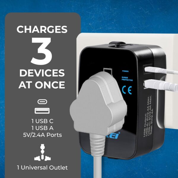 1747079371 OREI Universal Travel Adapter with Type C 3 in 1 International Travel Adapter Universal Charger with 1 USB A 1 USB C 2.4A Each and Universal Output Socket – CE FCC Certified – 2 Pack