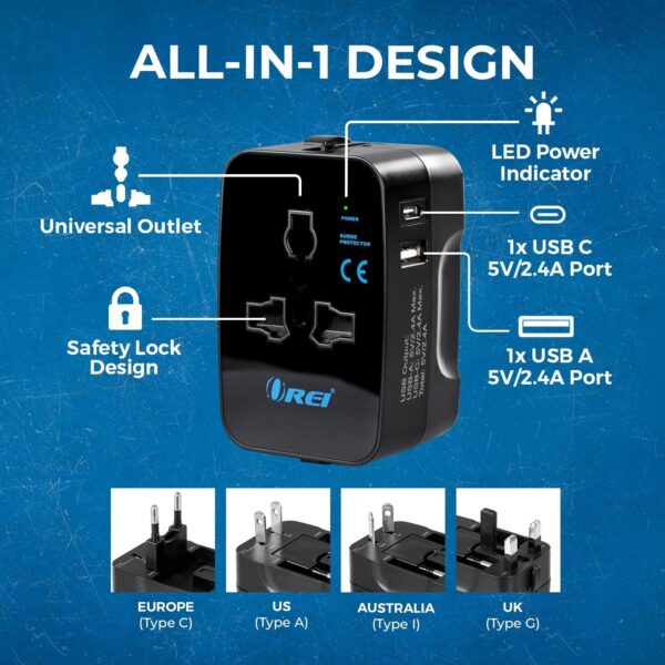 1747079380 OREI Universal Travel Adapter with Type C 3 in 1 International Travel Adapter Universal Charger with 1 USB A 1 USB C 2.4A Each and Universal Output Socket – CE FCC Certified – 2 Pack