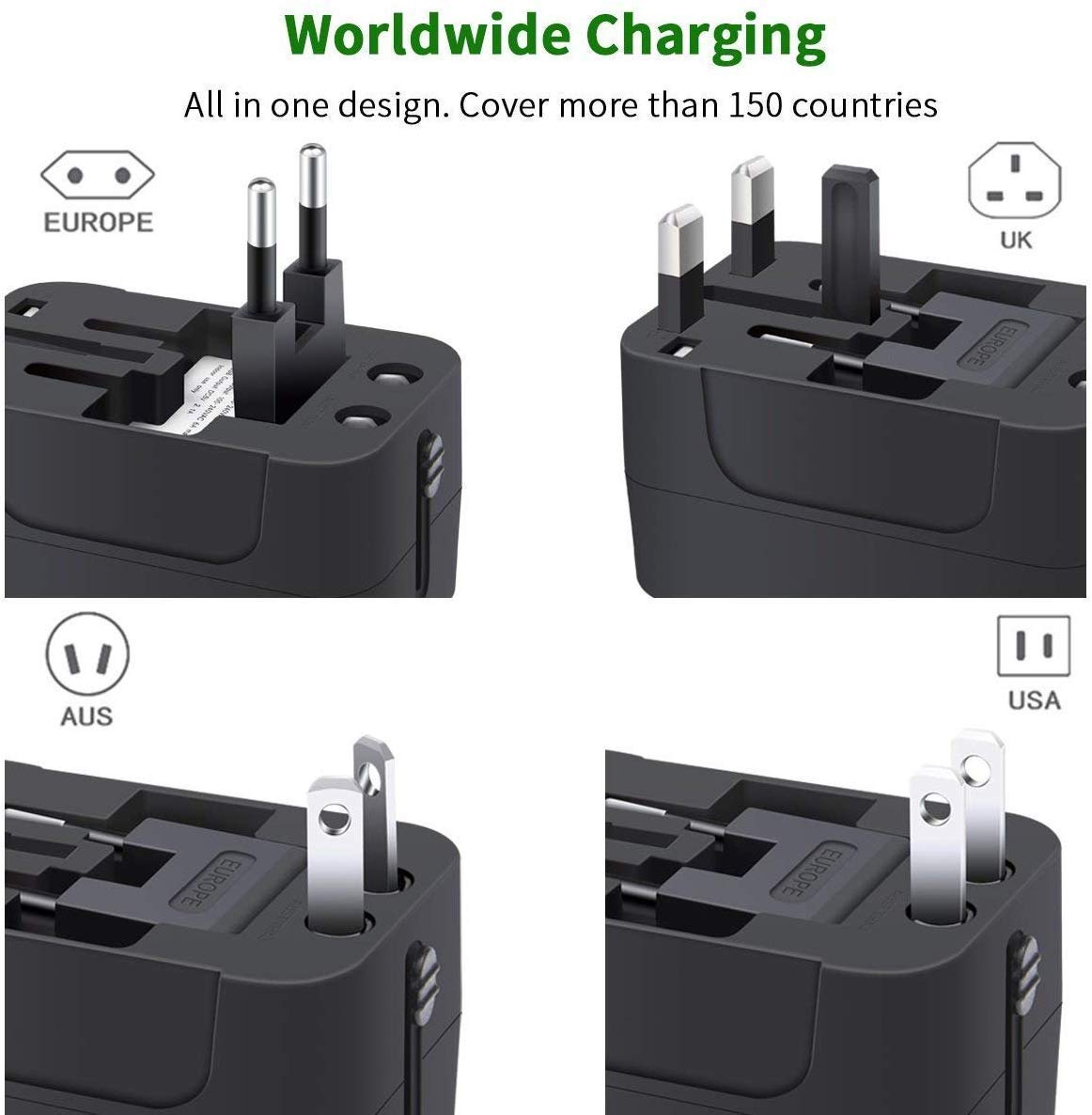 1747165833 RuvAm 5 in 1 Universal Travel Adapter with Type C International Travel Adapter 2X USB A and 2X USB C 3.4A Universal Socket for USA UK Europe More – CE FCC Certified 3 Year Warranty