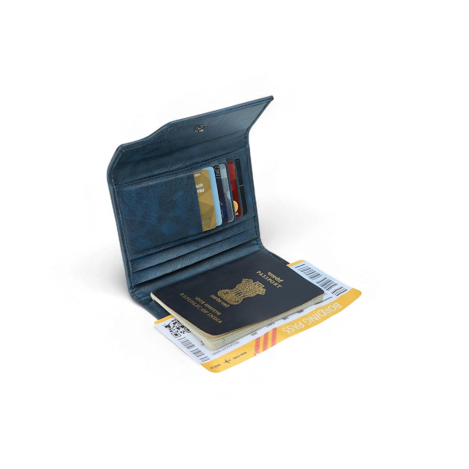 1747252246 EUME Crest Passport Holder for Men Women Volcanic Blue Trifold Premium Vegan Leather 6 Card Slots 1 Compartment 2 Slip Pockets Passport Pouch Travel Document Organiser Passport Cover