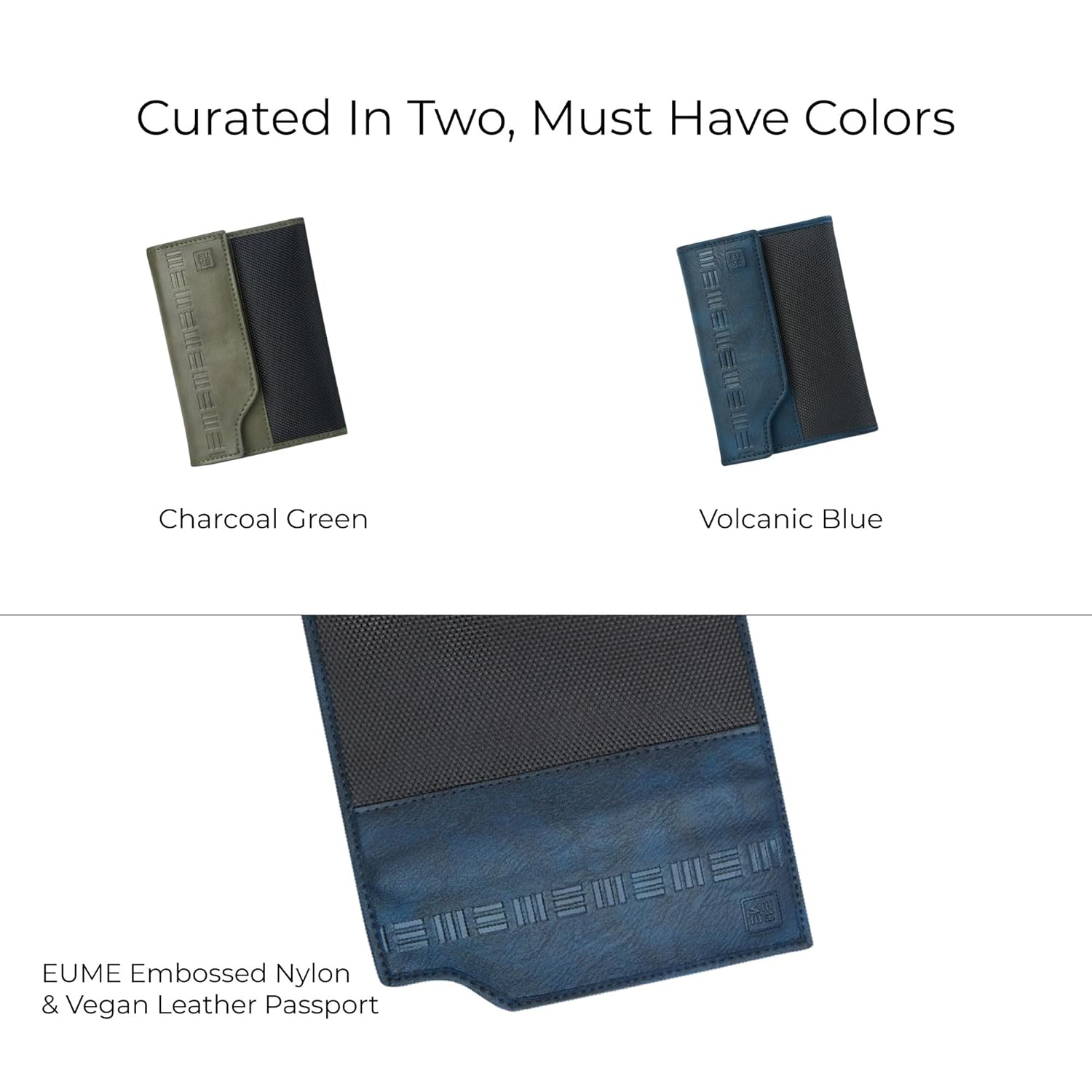 1747252248 EUME Crest Passport Holder for Men Women Volcanic Blue Trifold Premium Vegan Leather 6 Card Slots 1 Compartment 2 Slip Pockets Passport Pouch Travel Document Organiser Passport Cover