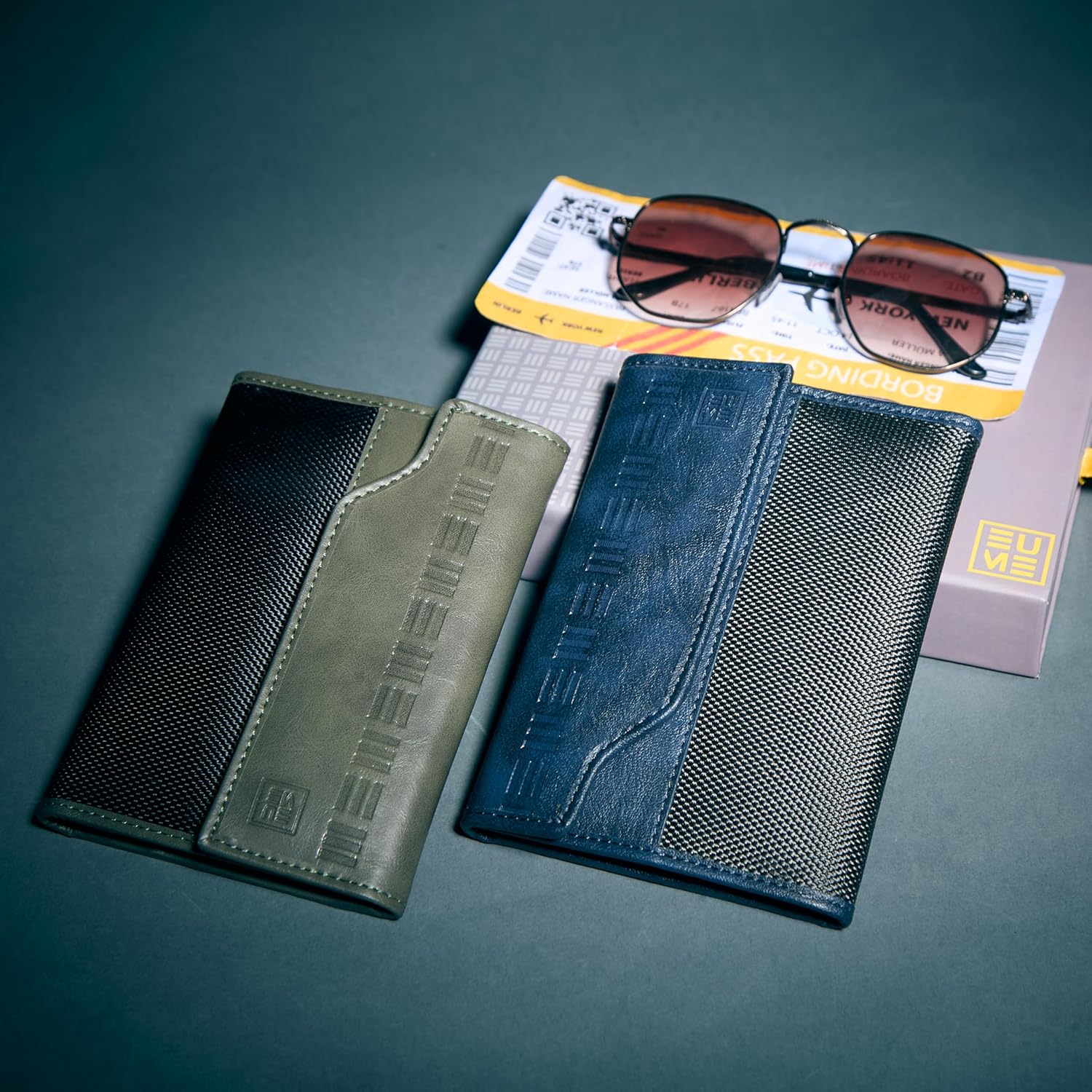 1747252251 EUME Crest Passport Holder for Men Women Volcanic Blue Trifold Premium Vegan Leather 6 Card Slots 1 Compartment 2 Slip Pockets Passport Pouch Travel Document Organiser Passport Cover