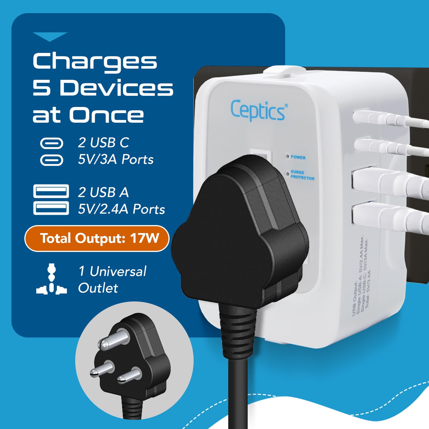 1747252318 Ceptics Travel Adapter India to Europe USA UK Australia Africa Chile Italy UAE World Travel Plug Adapter Safe Compact Powerful USB Adapter Universal Travel Adapter with Type C 3 Pack