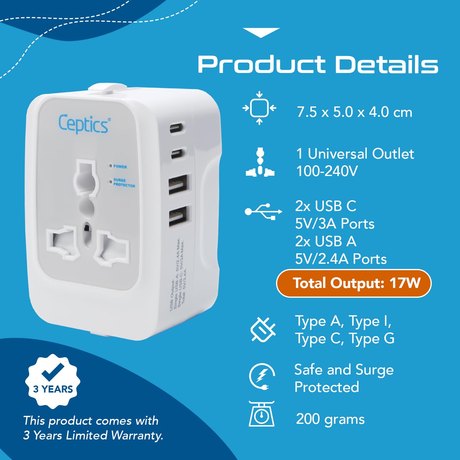 1747252322 Ceptics Travel Adapter India to Europe USA UK Australia Africa Chile Italy UAE World Travel Plug Adapter Safe Compact Powerful USB Adapter Universal Travel Adapter with Type C 3 Pack