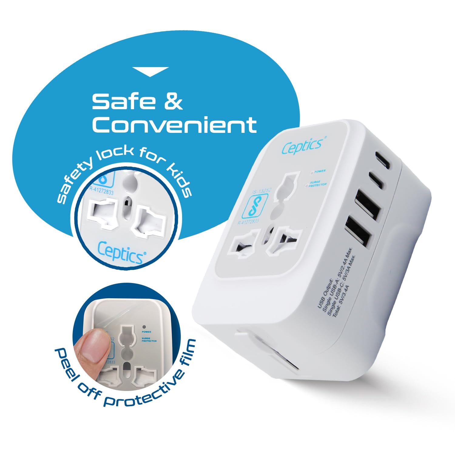 1747252324 Ceptics Travel Adapter India to Europe USA UK Australia Africa Chile Italy UAE World Travel Plug Adapter Safe Compact Powerful USB Adapter Universal Travel Adapter with Type C 3 Pack